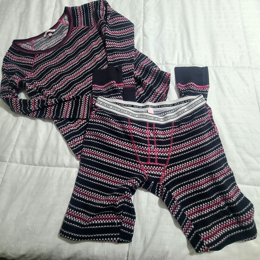 Victoria’s Secret Thermal Pajama Set Small P Pink Black Fair Isle Waffle Knit